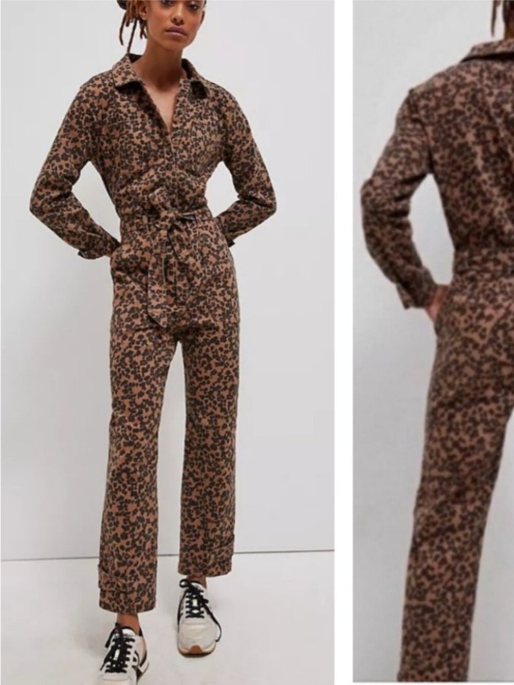 Anthropologie Leopard Denim Utility Jumpsuit Coveralls size L
